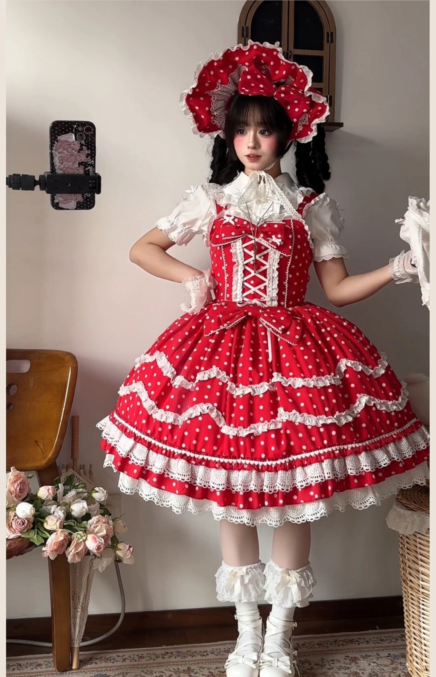 Red polka dot classic lolita dress suit three-quarter front standing selfie fitted lace-up bodice full flared skirt bonnet frilly white socks