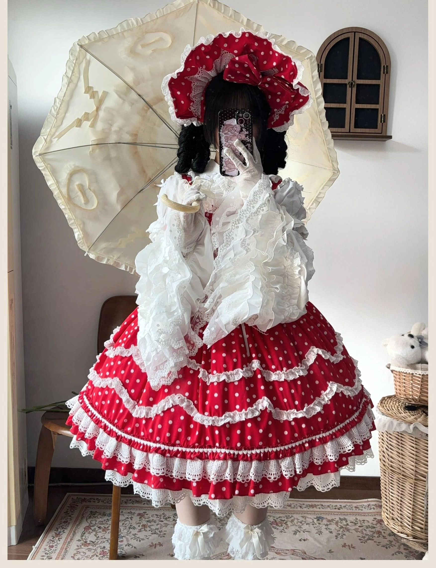 Red polka dot lolita dress set with vintage parasol showing back details oversized white ruffled collar fluffy layered skirt matching bonnet