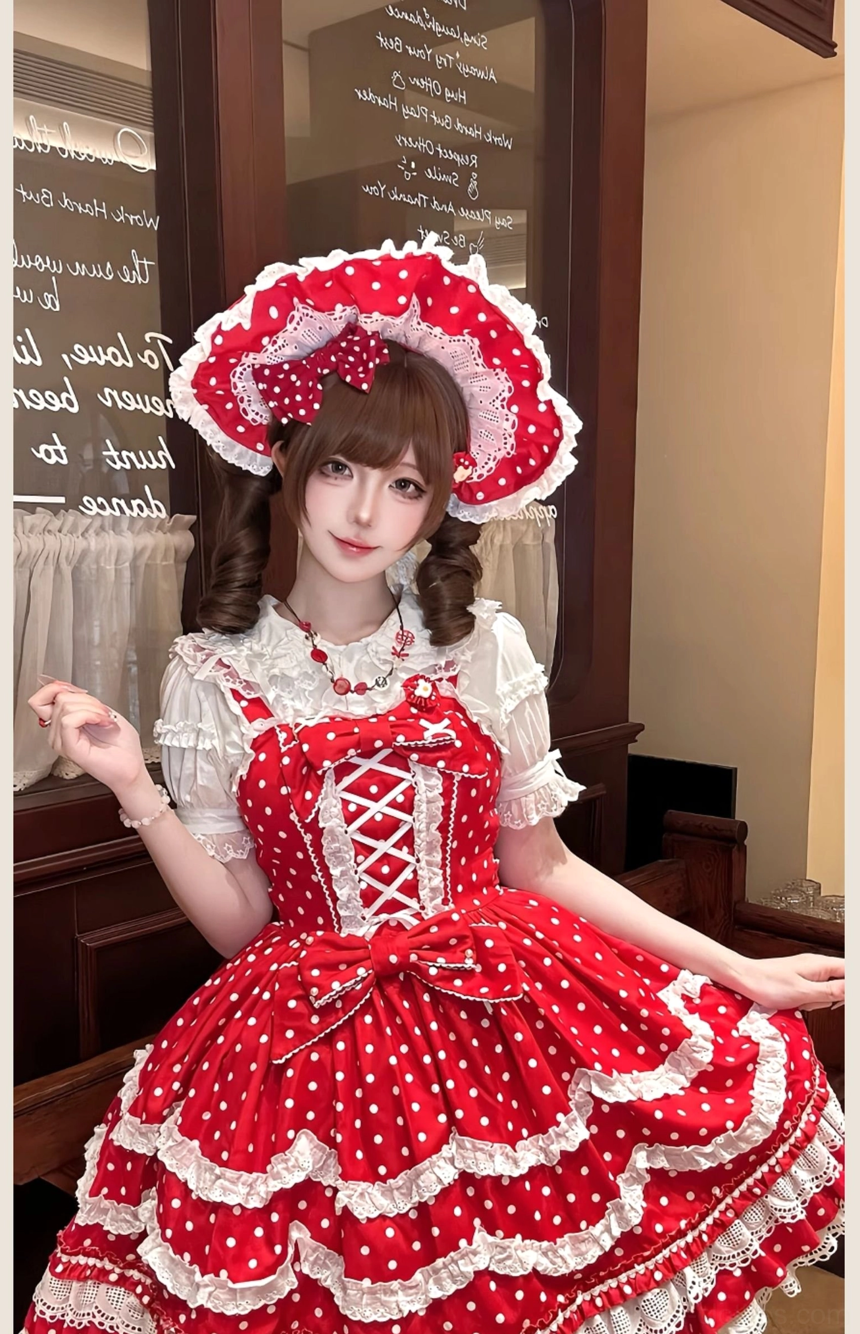 Red polka dot lolita jsk dress care maintenance flat lay product photography material quality construction detail
