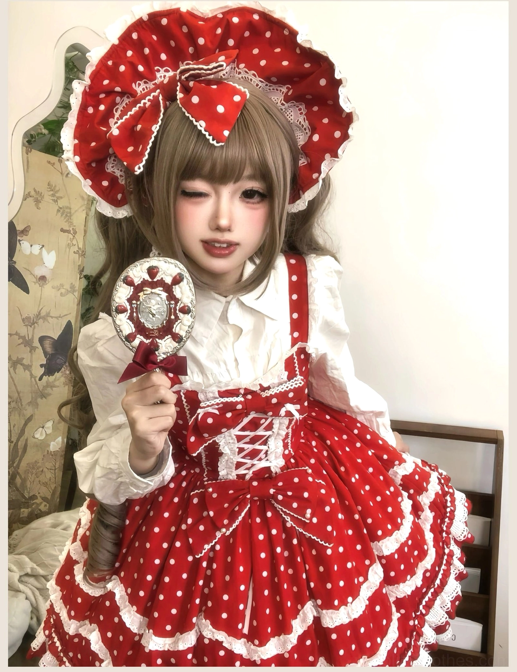 Red polka dot lolita jsk dress detachable bow decoration white lace accents old school aesthetic vintage styling photography