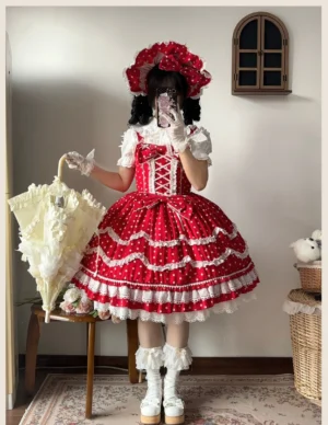 Vintage lolita jsk jumper skirt red polka dot dress worn with beige parasol lace-up corset bodice layered ruffled skirt hem full body mirror selfie