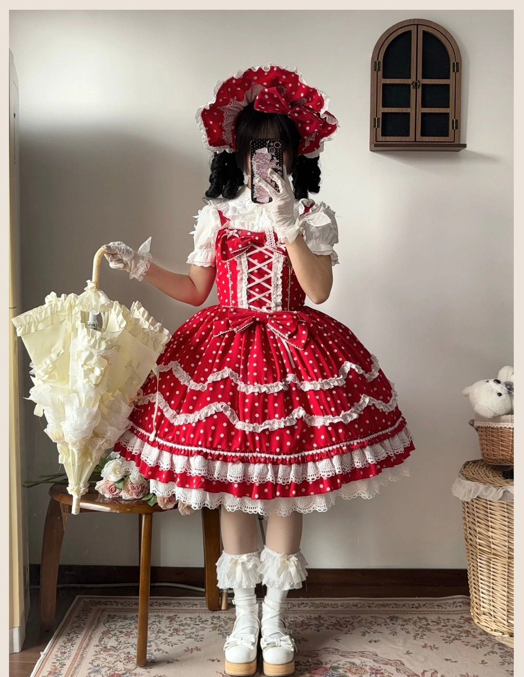 Vintage lolita jsk jumper skirt red polka dot dress worn with beige parasol lace-up corset bodice layered ruffled skirt hem full body mirror selfie