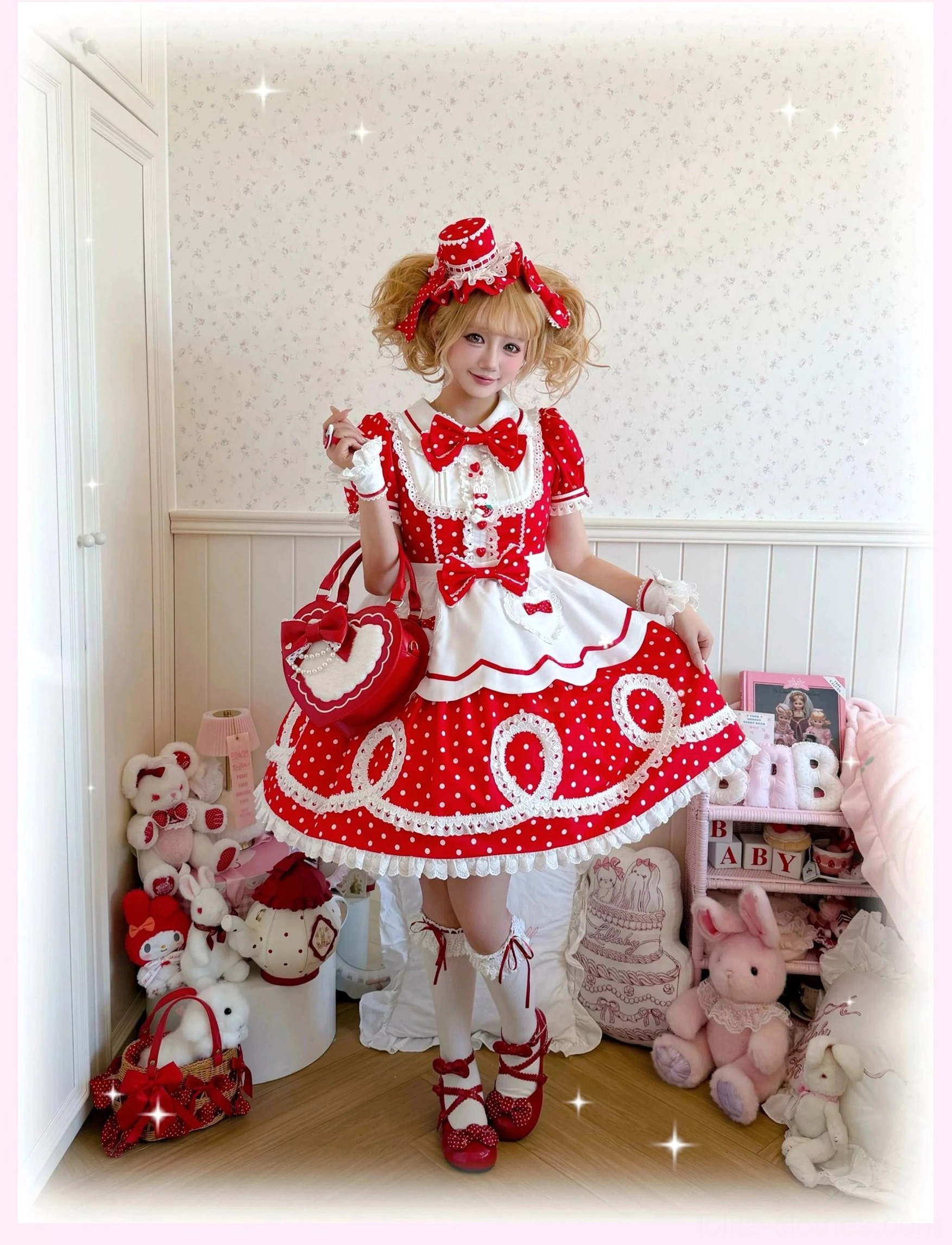 Back view of red polka dot lolita OP dress showing back zipper and scalloped lace-trimmed hem