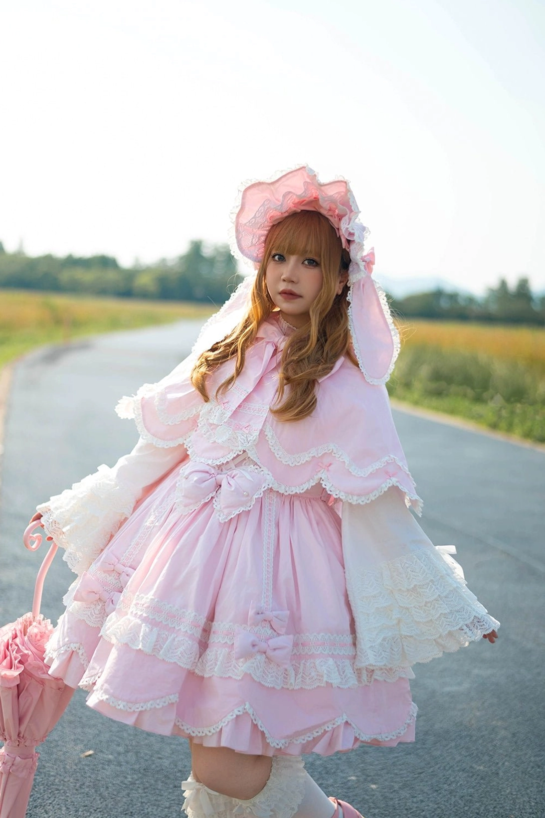 Red petal rabbit ear lolita cape pure cotton lined ribbon bow details kawaii fashion piece