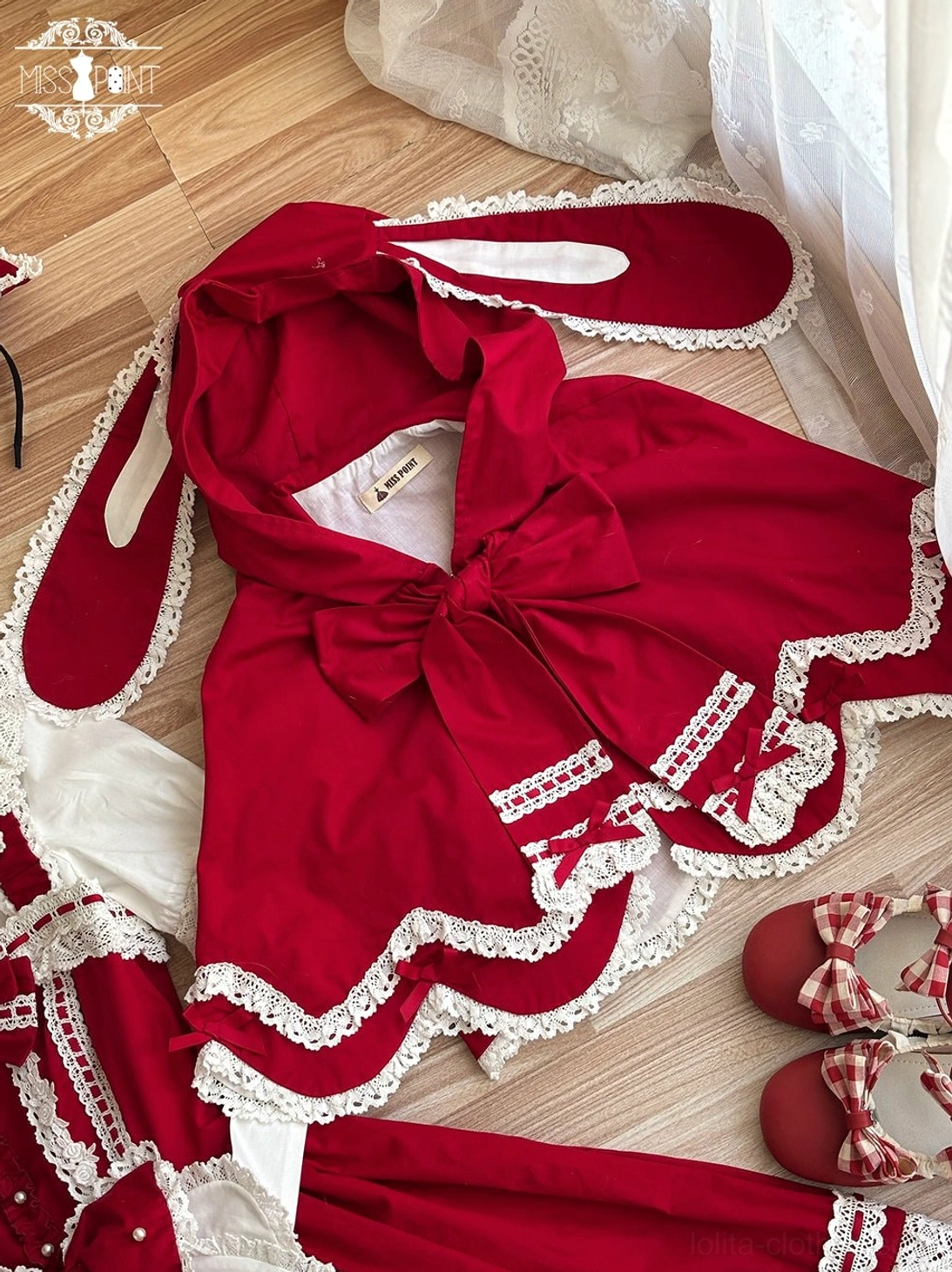 Red rabbit ear petal lolita cape vintage kawaii aesthetic whimsical fashion statement piece