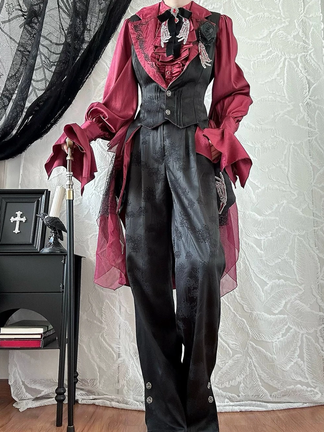 Red satin lapel Gothic Lolita vest with black embroidery trim and refined tailoring detail
