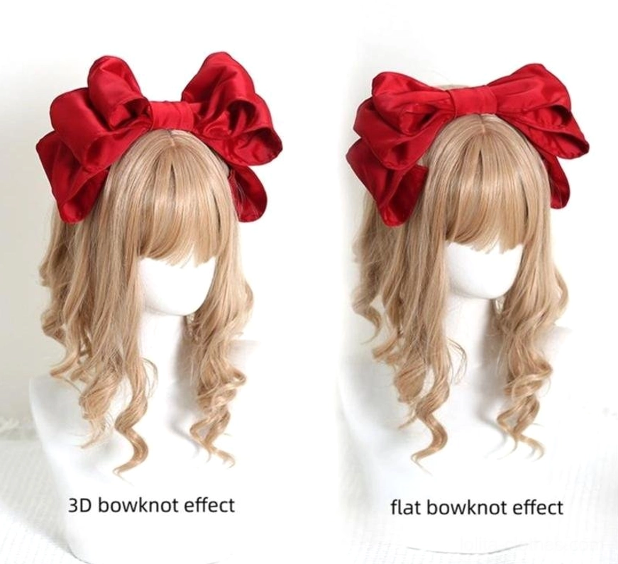 Red satin bow Lolita hair clip showing dual wearing effects on two mannequins with blonde wigs left shows 3D puffy bow right shows flat effect