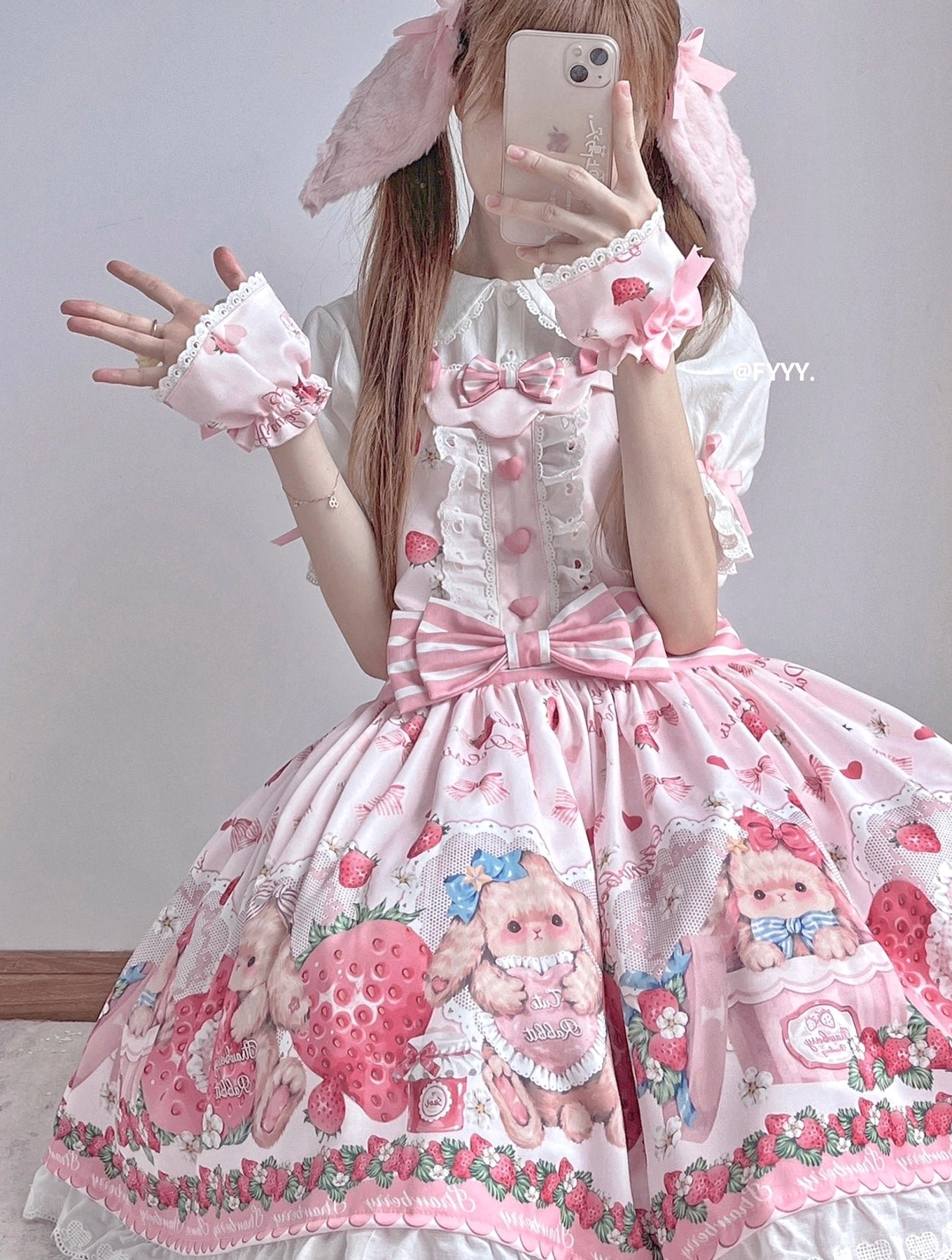 Red strawberry rabbit sweet lolita salopette complete gift set all pieces included blouse clips bows wrist cuffs flat lay