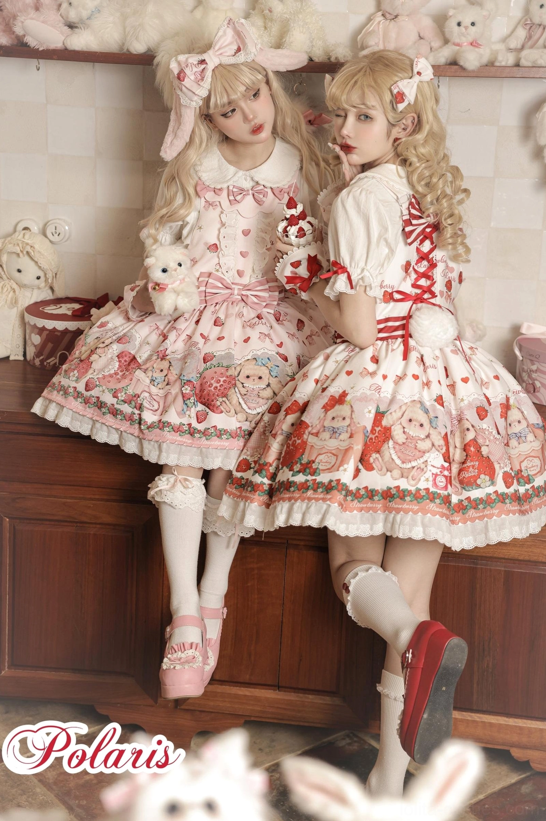 Red strawberry rabbit sweet lolita salopette JSK dress back cross-strap detail with large striped bow and white rabbit tail waist accent