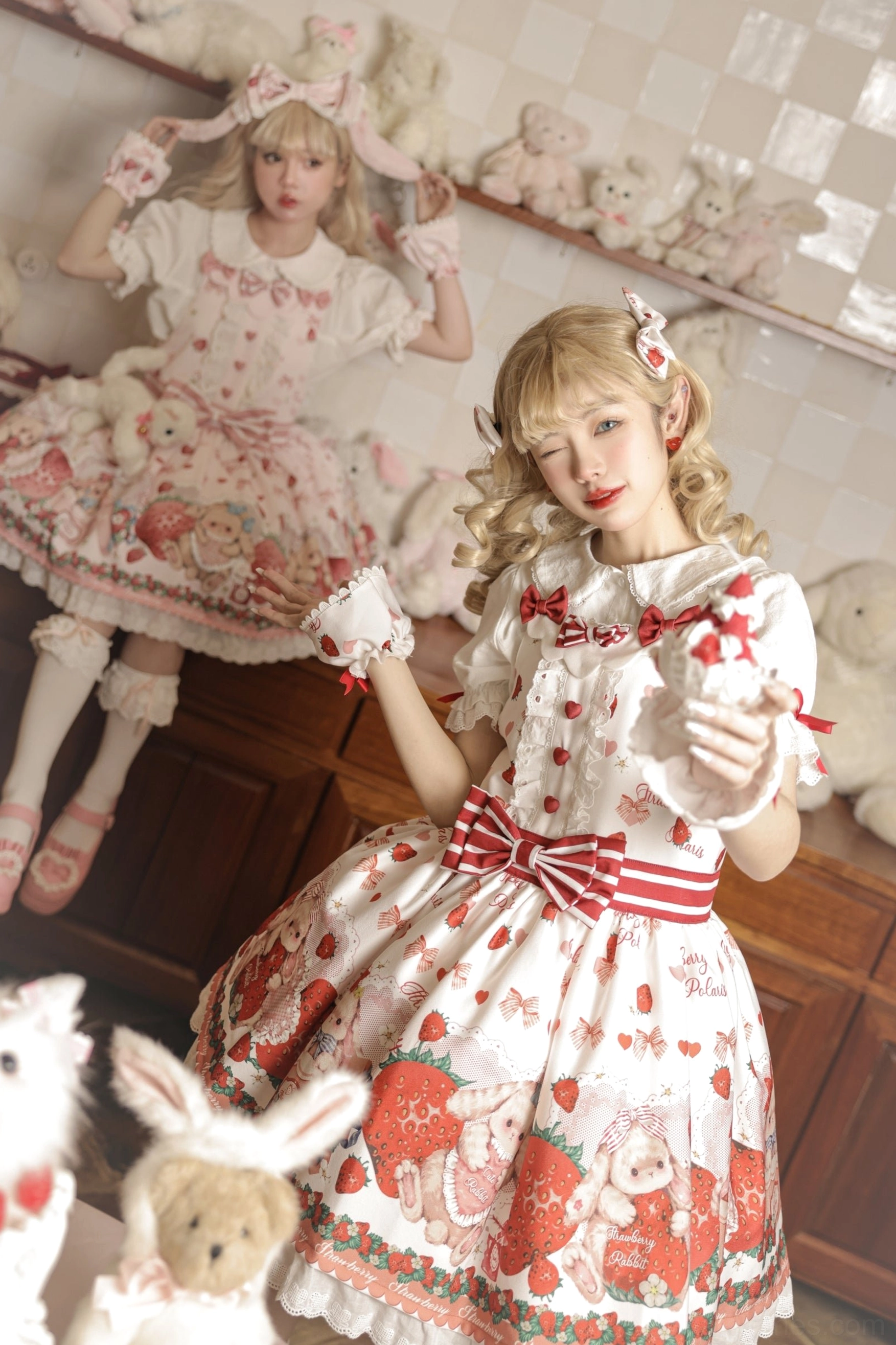 Red strawberry rabbit sweet lolita salopette dress full length display showing all-over print pattern adjustable fit and decorative elements