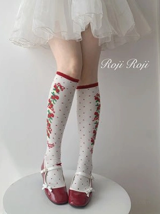 red sweet lolita calf-length knee-high cotton socks bold red color flower-patterned upper edge classic lolita design hosiery