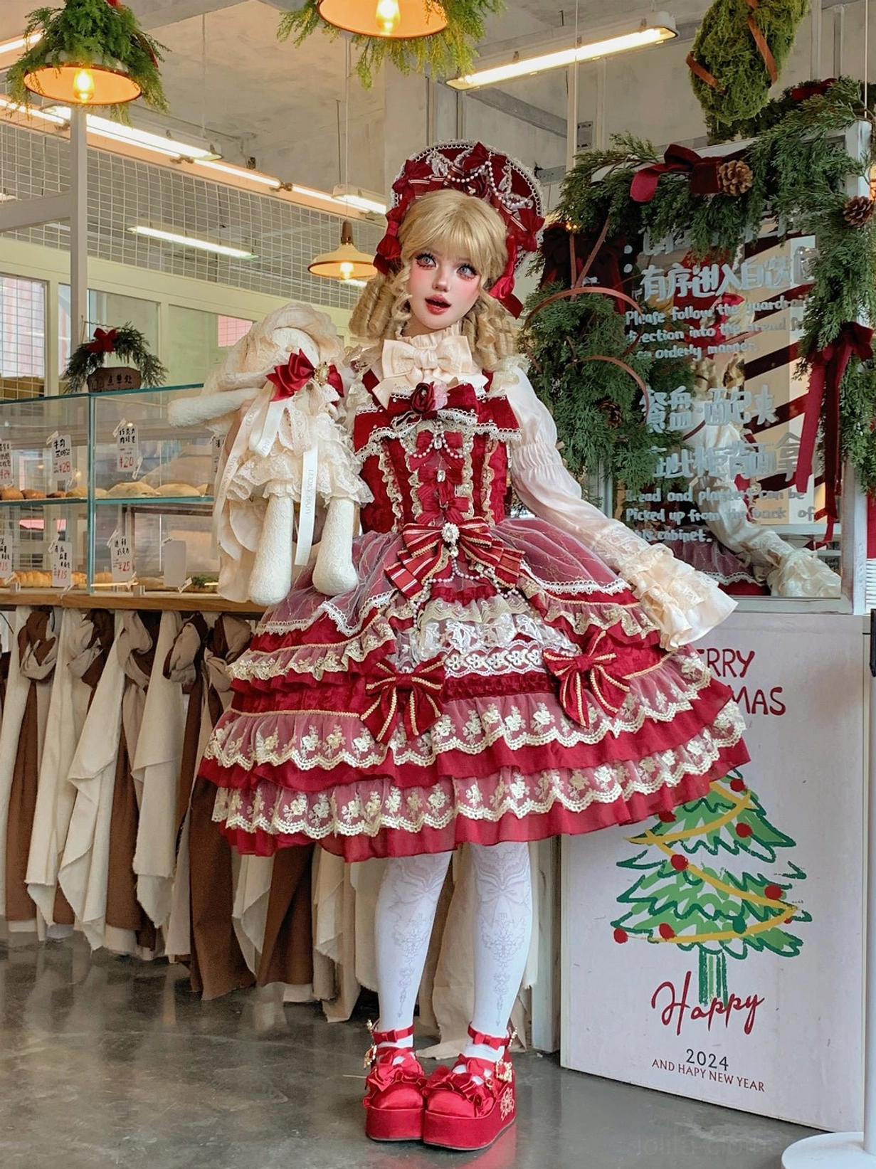 Red sweet lolita JSK with large detachable back bow and layered ruffle hem, formal bonnet and Christmas decor