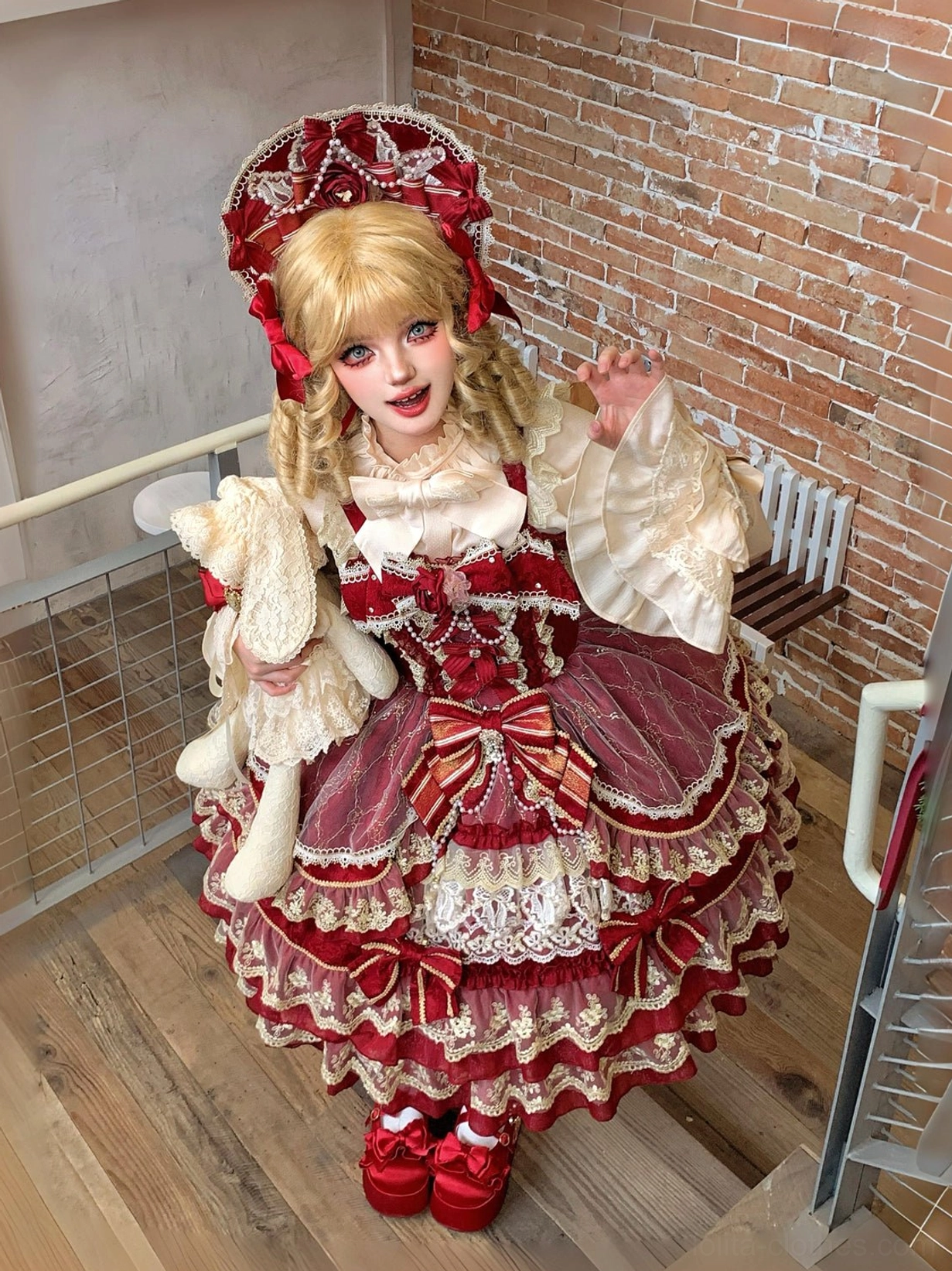 Red sweet lolita JSK with wide lace bonnet, ruffled silk collar, large front skirt bow, and platform shoes