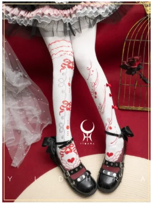 Red sweet lolita printed pantyhose with delicate bow vine heart design white tights close-up front view model legs