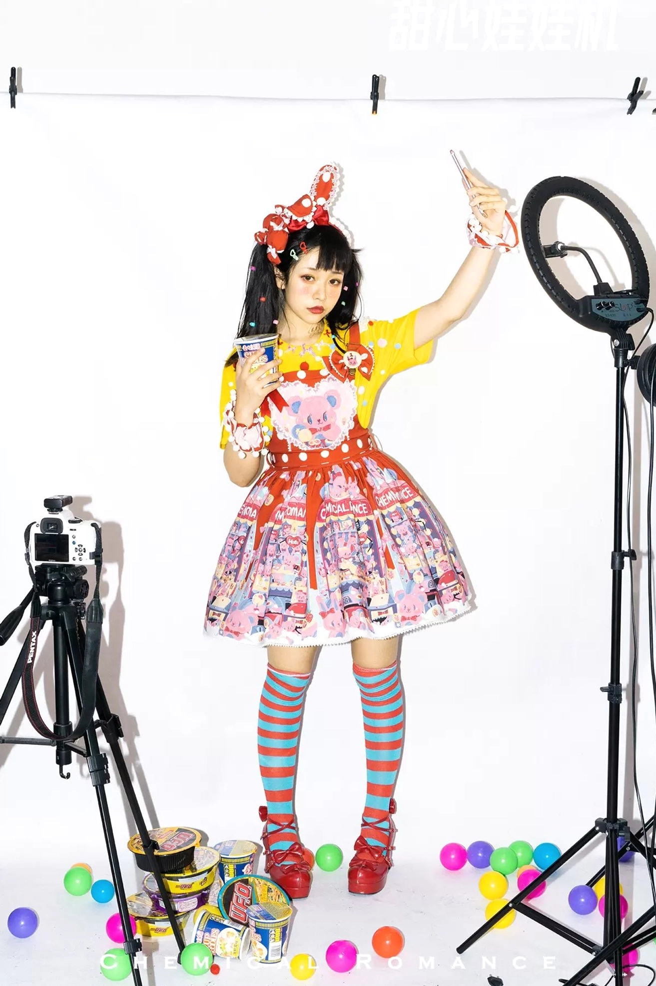 Red colorway sweet lolita salopette candy cartoon prints ruffled lace hem studio photography