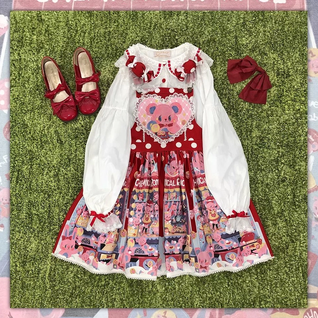Red sweet lolita salopette set with white ruffled doll collar blouse polka dot straps heart print flat lay