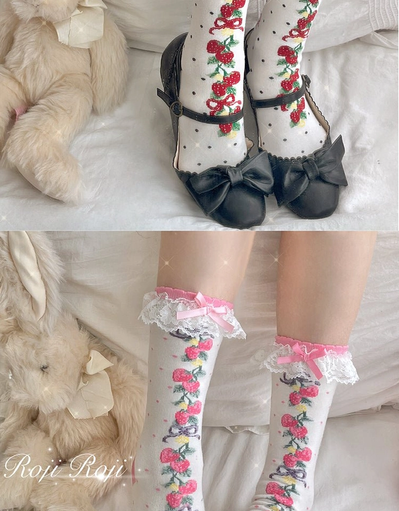 red sweet lolita short socks cute bow delicate lace ruffle upper trim bold red color classic sweet lolita coordinate piece