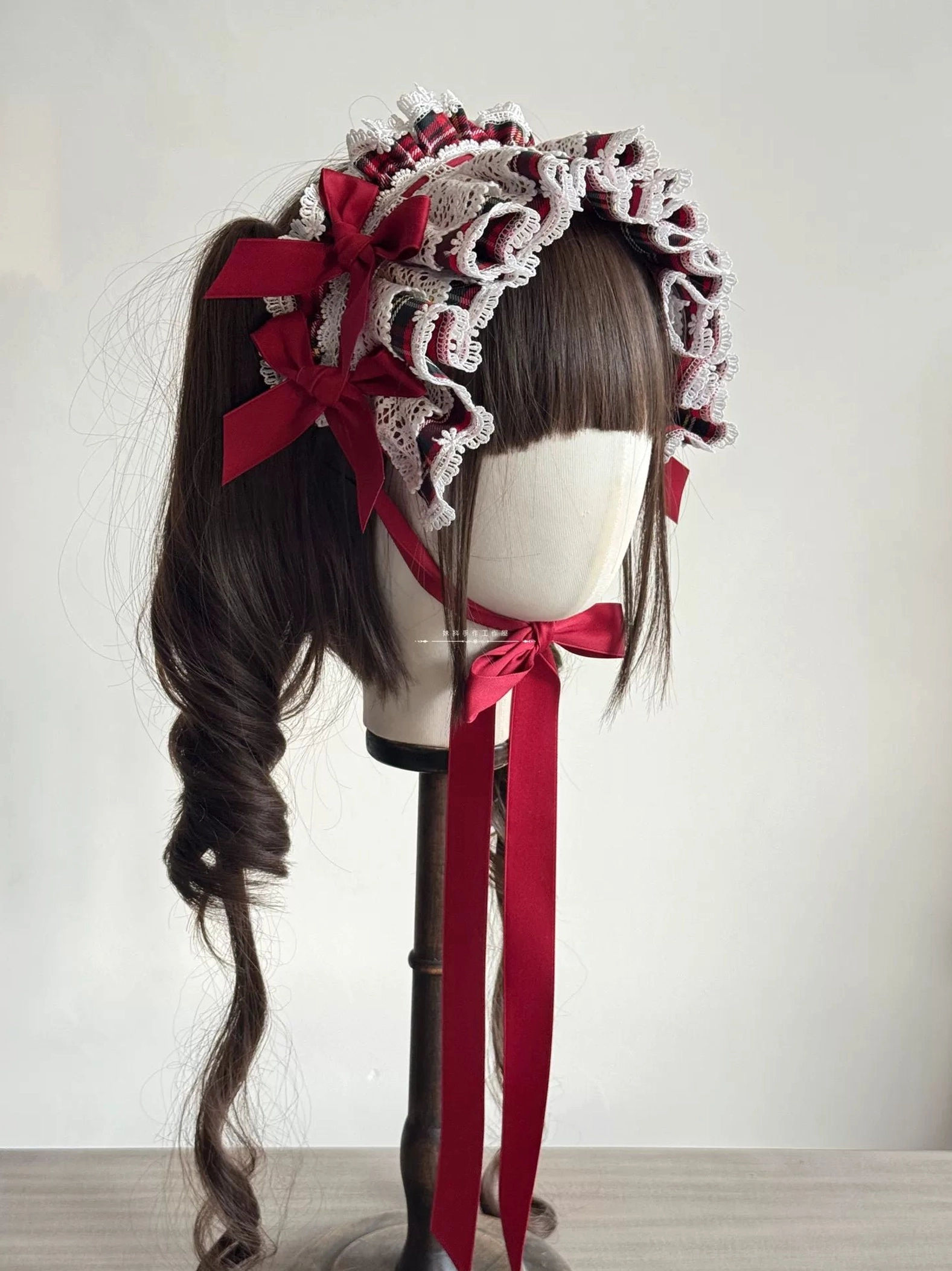 Red tartan Lolita ruffled headband accessory featuring full lace ruffles, puffy bonnet silhouette, duckbill clip and tie strap attachment methods for versatile hairstyle coordination