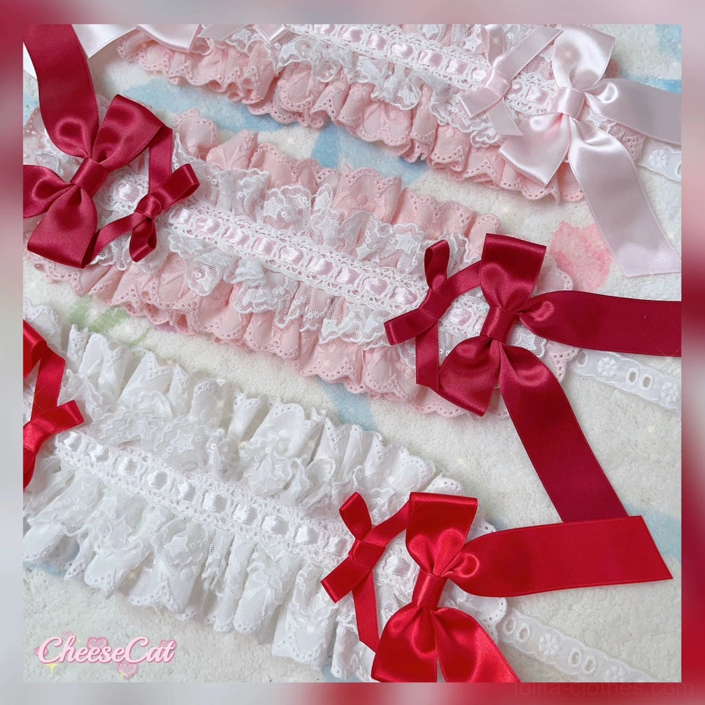 Red toned sweet Lolita hair accessories headbands with large satin bows and layered ruffled fabric trim in multiple color options from overhead view