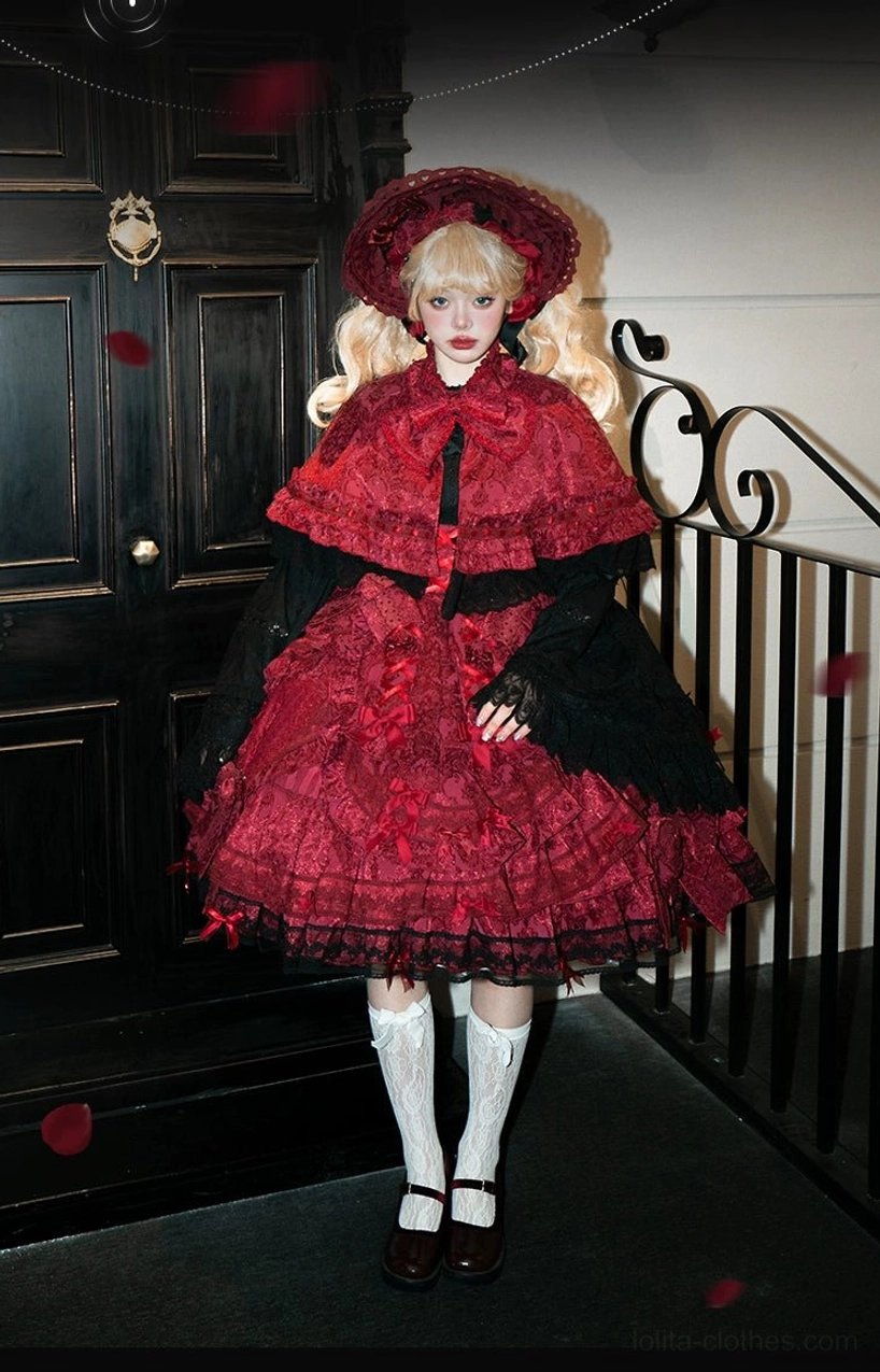 Red vintage lolita cape bonnet detachable black sleeve white ruffled stockings brown leather loafers