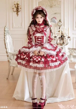Red and white gingham sweet lolita wedding JSK dress with long sleeves full-body front view luxury European vintage room large decorative bows