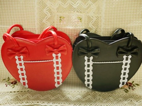 Red with white heart-shaped Lolita tote bag bold statement design punk Lolita aesthetic bow accents