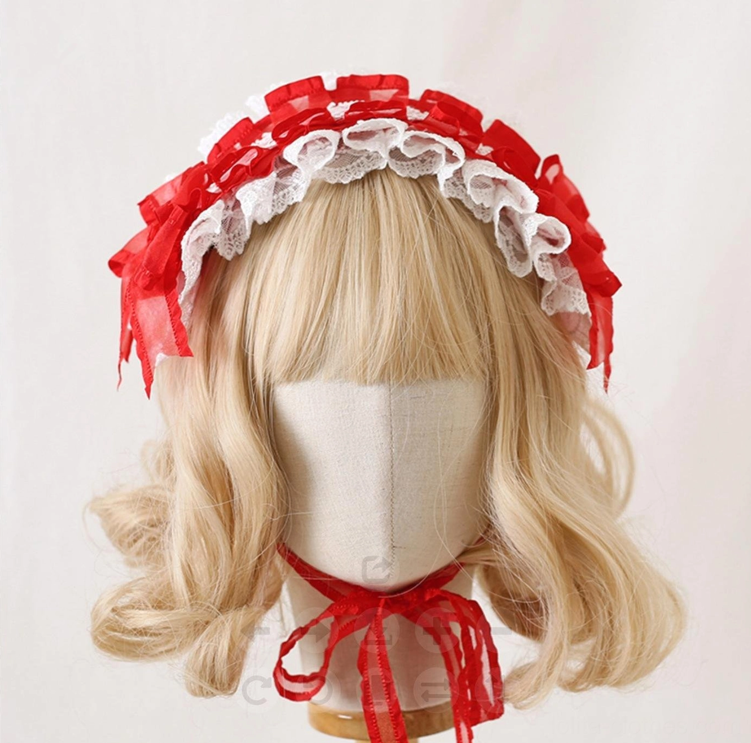 Red and white lolita lace hair clip headdress with striking contrast color design, embroidered lace detail, and decorative bow accent for statement coordinates