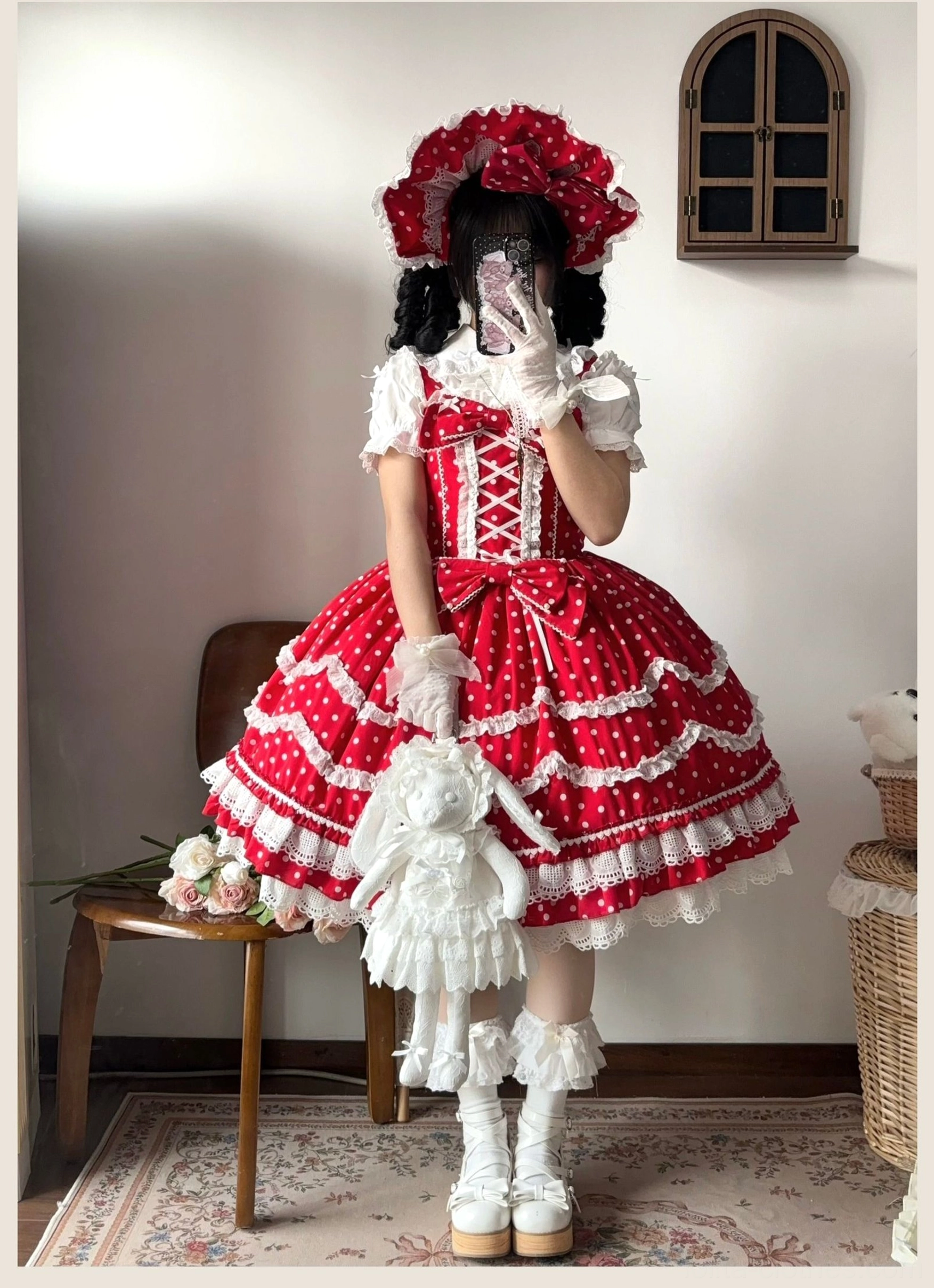 Red white polka dot lolita jumper skirt waist bow decoration white lace trim matching bonnet formal white gloves full body mirror selfie