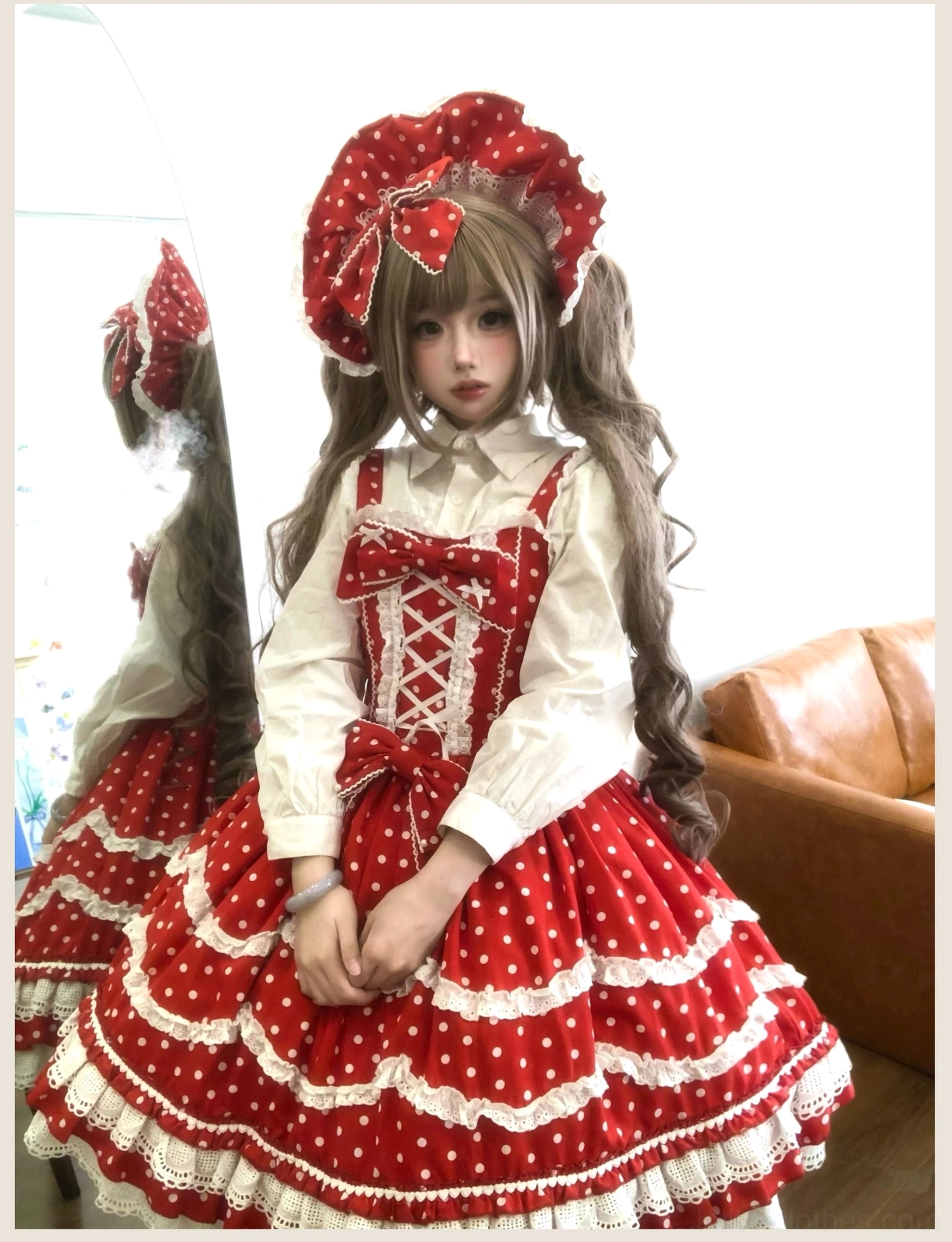 Red white polka dot lolita jsk old school classic style tiered ruffled skirt design sweet vintage aesthetic fairy tale fashion
