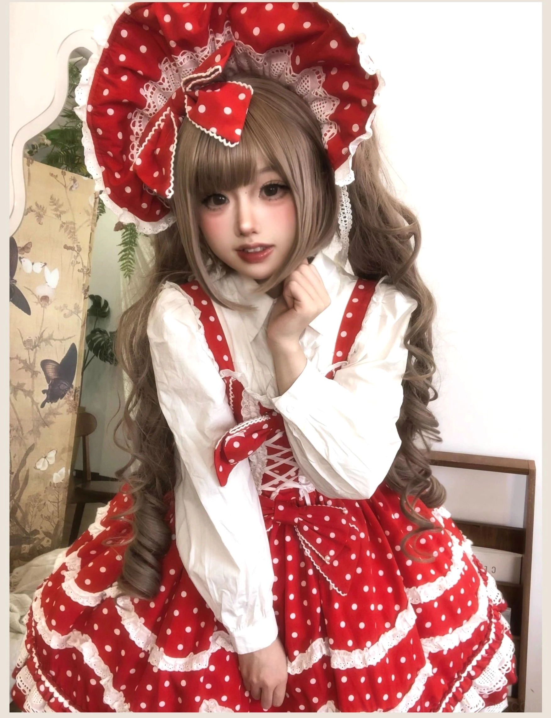 Red white polka dot old school lolita jsk complete outfit bundle with matching bonnet side clips hairband coordination styling