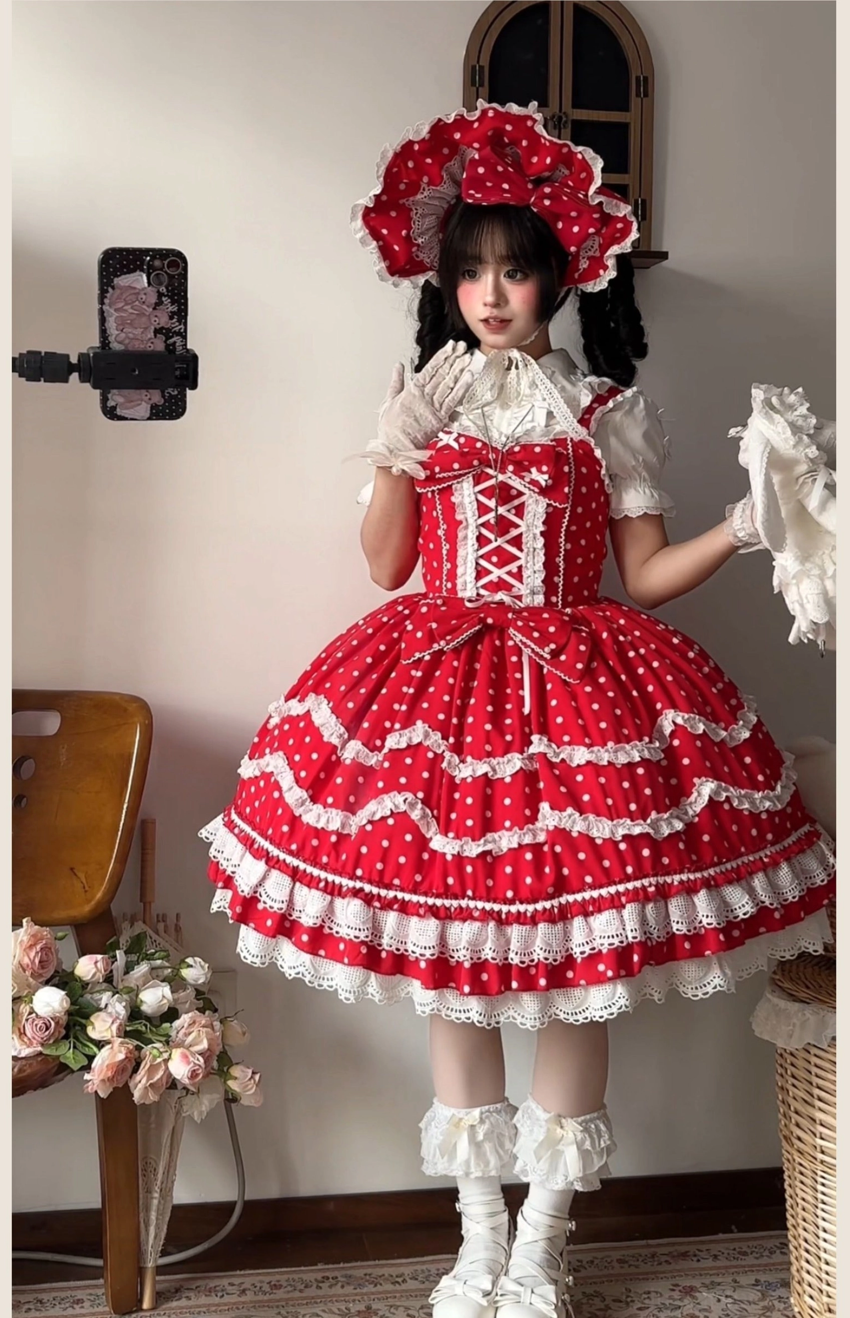 Red white polka dot lolita jsk outfit full body selfie ruffled stand collar inner wear layered lace skirt hem fitted corset bodice detail