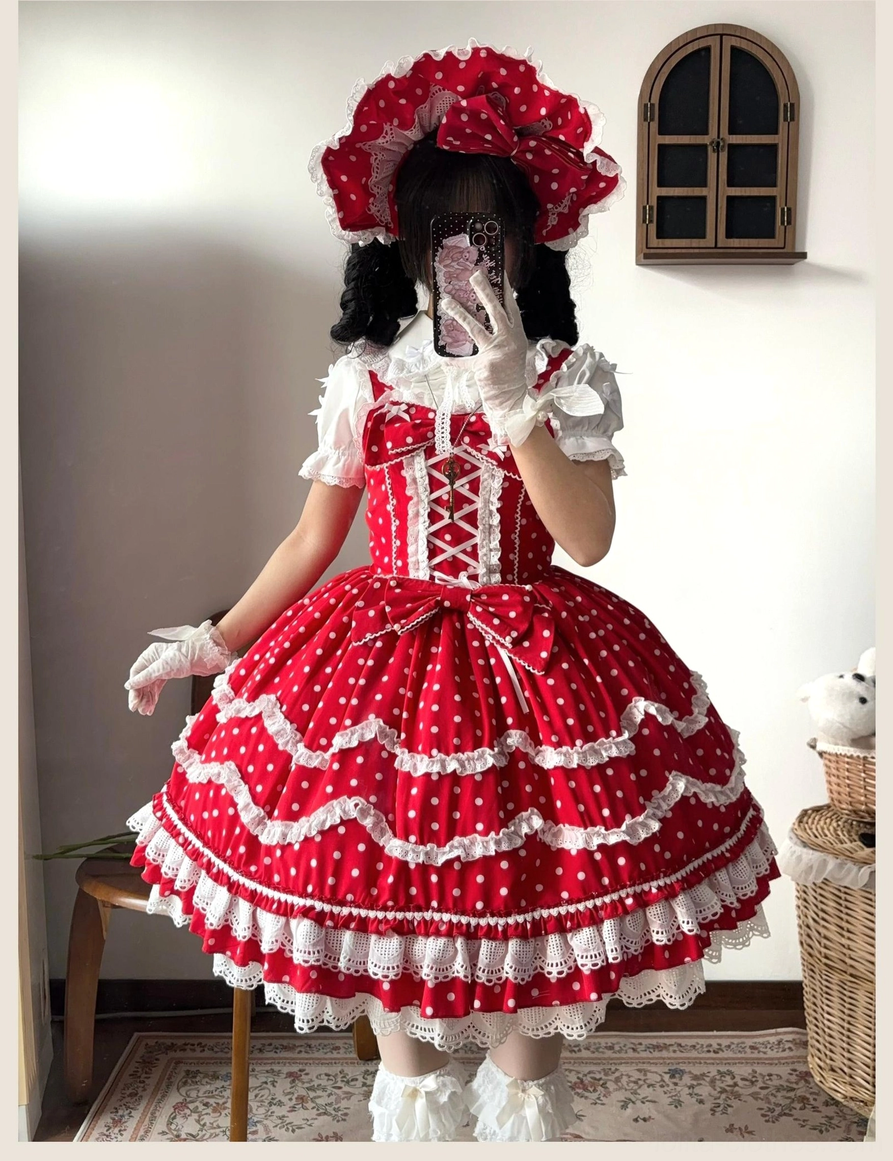 Red white polka dot old school lolita jsk dress with tiered ruffles full body front mirror selfie shot girl wearing matching bonnet and white lace trim