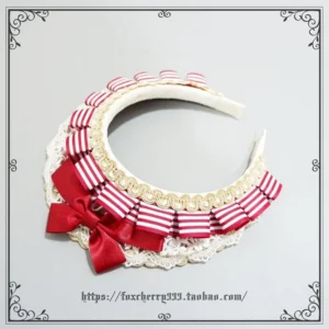 red and white striped lolita maid headband with gold trim lace base satin bow front view