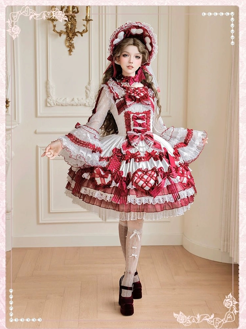 Red-white sweet lolita wedding JSK flounce sleeves full-body side view wooden floor vintage European room checkered decorative patterns ruffled lace