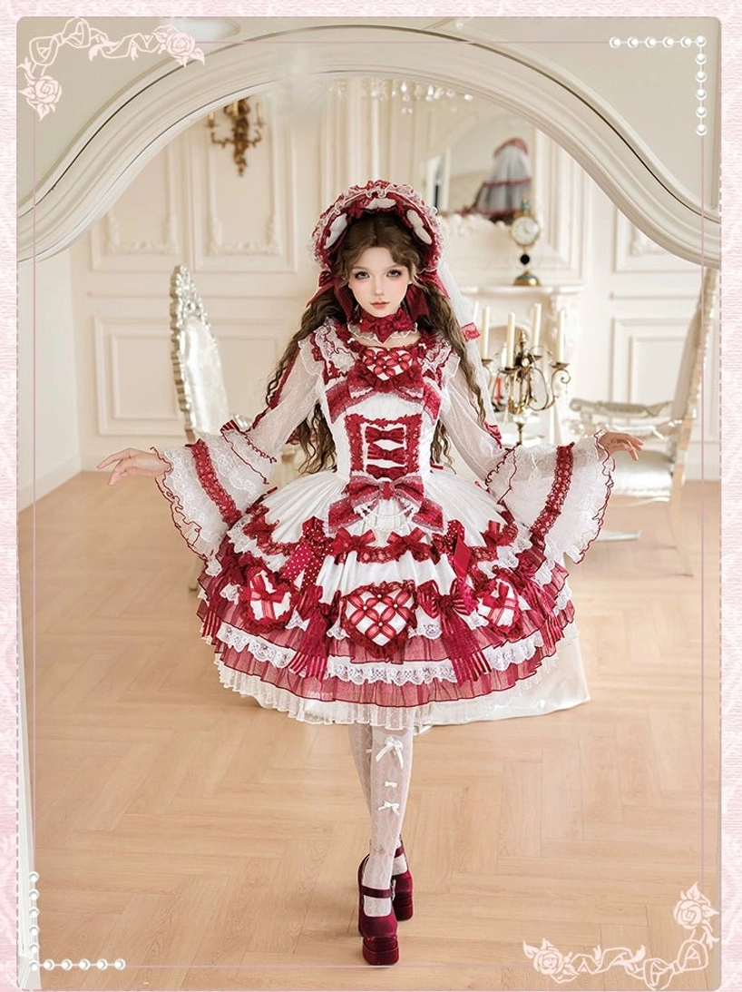 Red-white sweet lolita wedding JSK full sleeves full-body front standing view vintage European room with arch mirror gingham patchwork large bows
