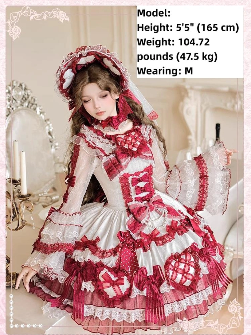 Red-white sweet lolita wedding JSK dress long sleeves half-body sitting view vintage European room height 165cm weight 47.5kg size M