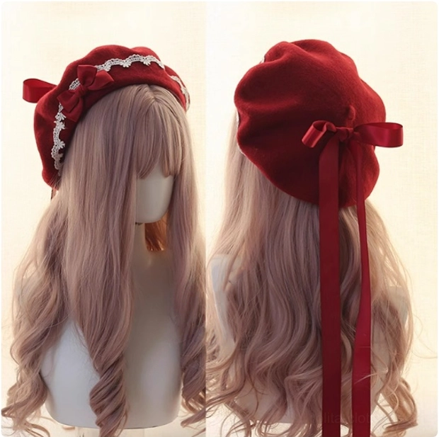 Red wool lolita beret with matching red detachable bow vintage lolita aesthetic detail