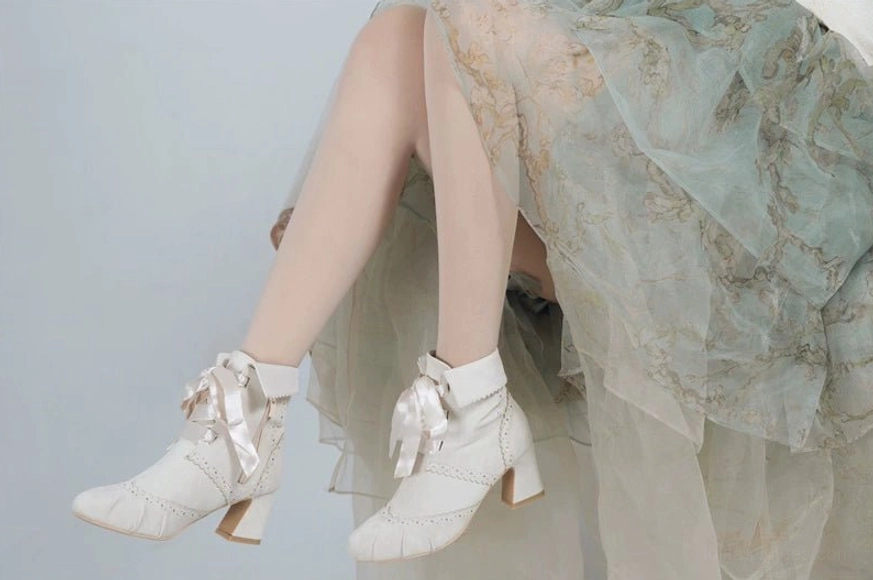 Retro lolita ankle boots product showcase highlighting all design features including side zipper folding collar and satin ribbon bow decorative elements