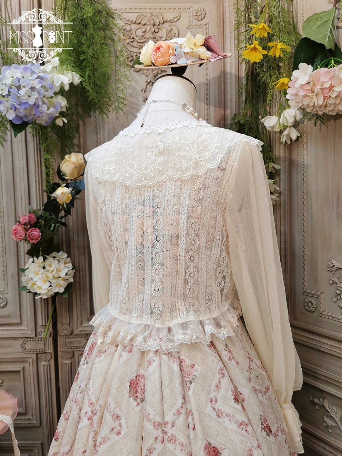 retro lolita blouse with short sleeves fly sleeve design and lace hemline flounce detail