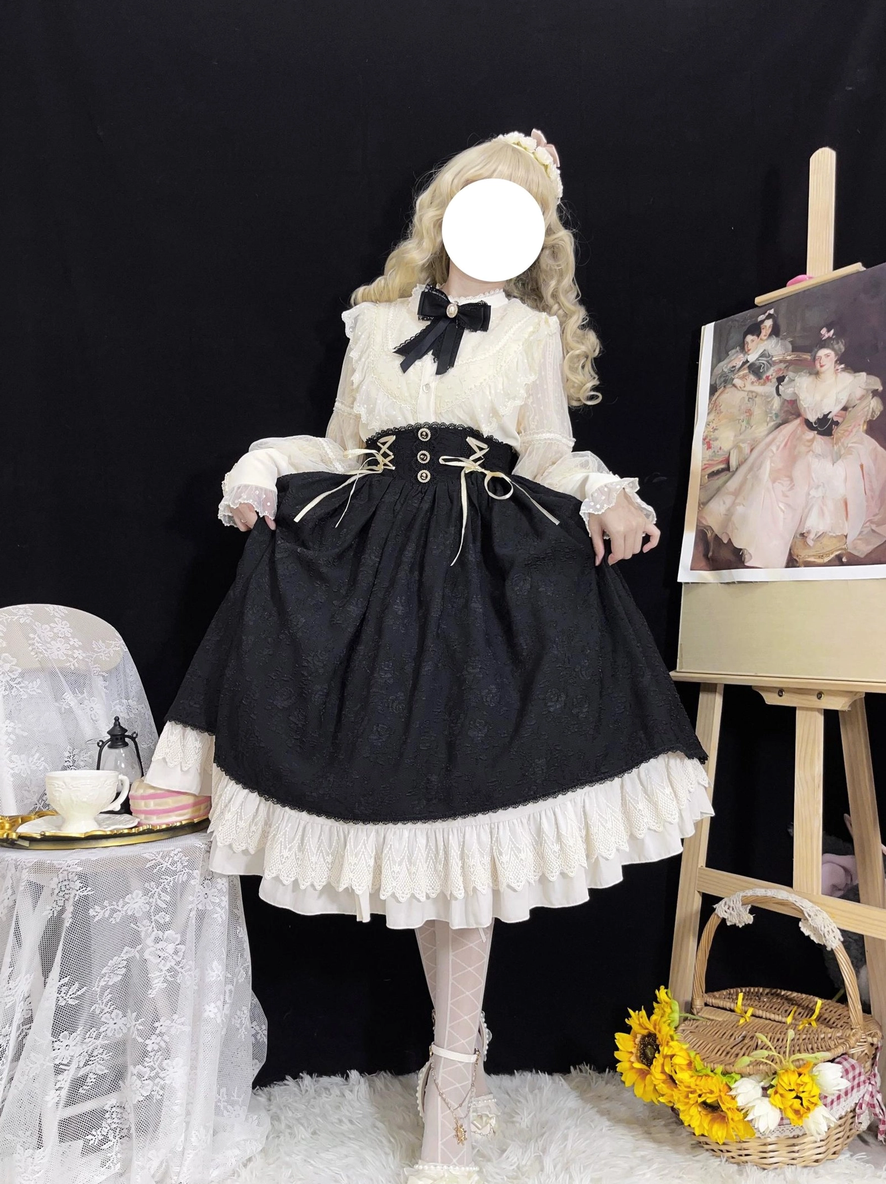 Retro Lolita dress set front view hands holding skirt sides wide midi A-line silhouette corset waist golden lace-up detail vintage Japanese fashion