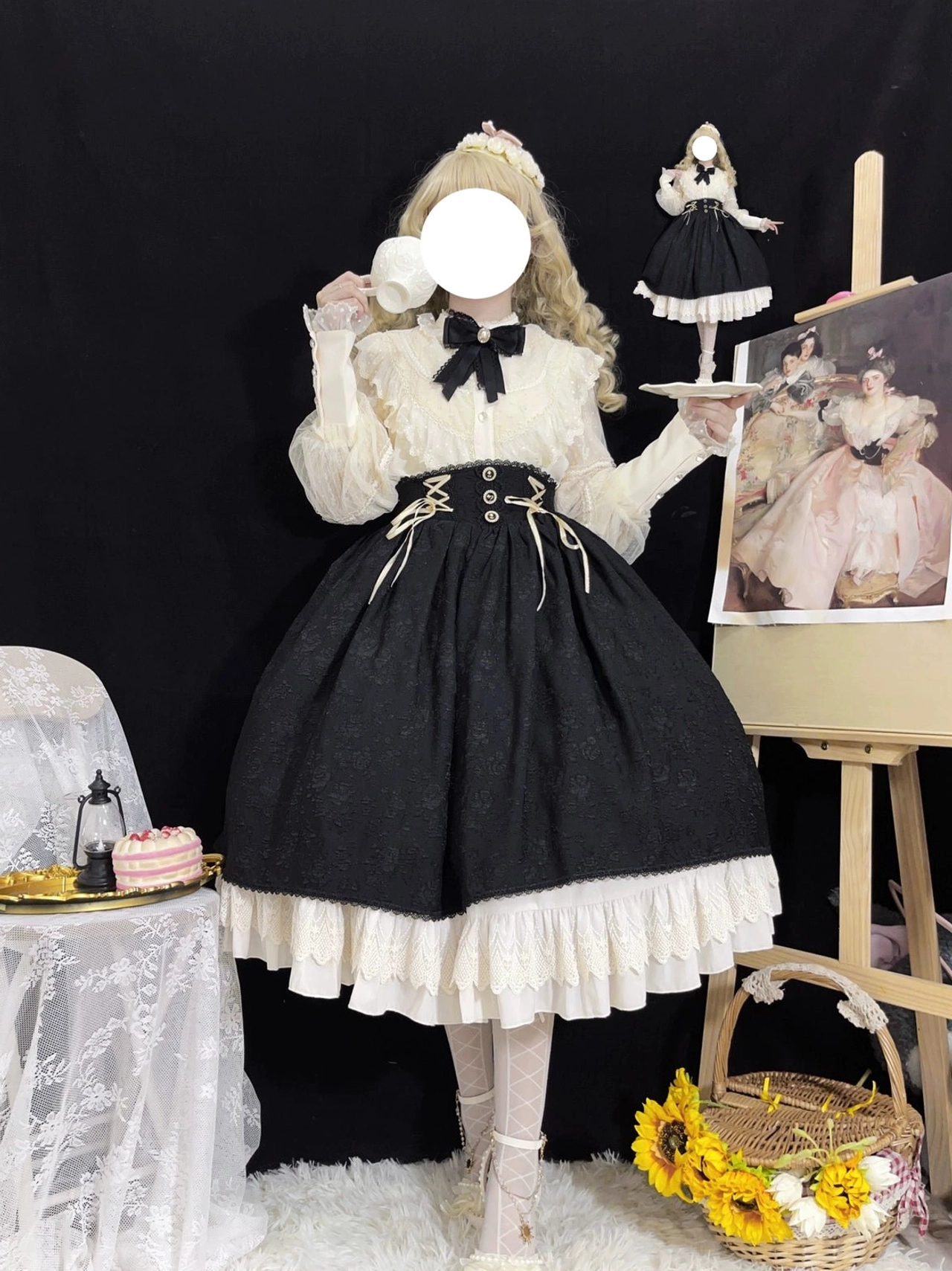 Retro Lolita two-piece ensemble front three-quarter view showcasing corset-style waist with golden lace-up details layered lace trim vintage aesthetic Japanese fashion