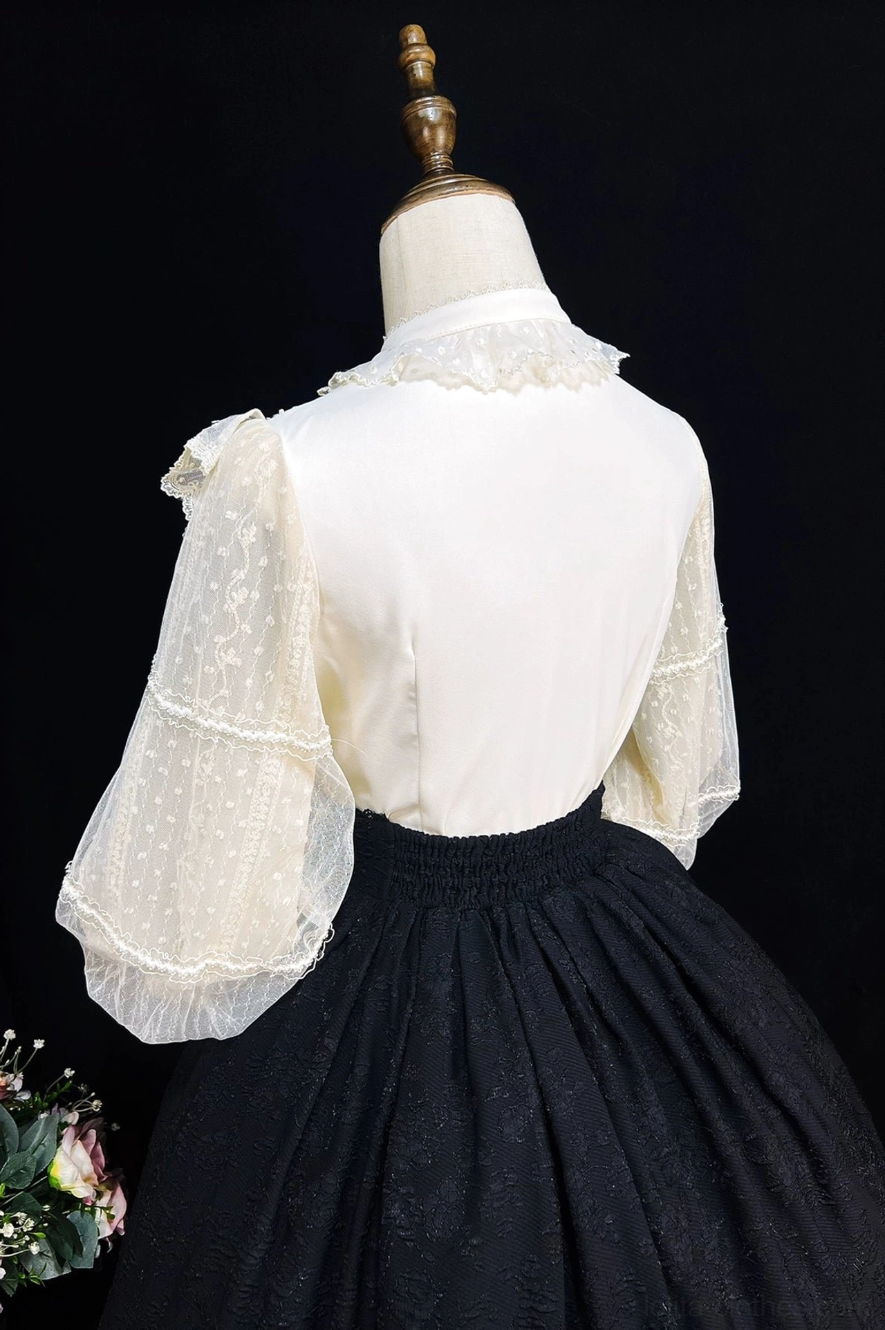 Retro Lolita ensemble lace trim detail close-up apricot lace ruffle hem jacquard polyester texture elegant vintage aesthetic