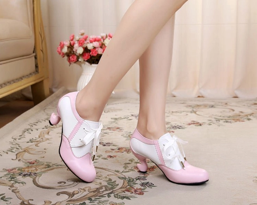 Retro Lolita Mary Jane heels with scalloped stitching trim, curved spool heel, and metal-tipped ribbon lace fasteners available in six coordinating colorways