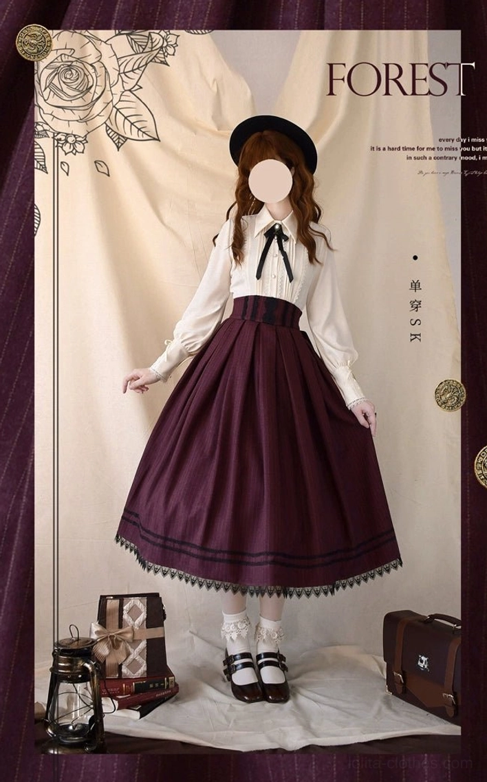 Retro Lolita daily two-piece outfit with white long-sleeve pointed collar shirt, burgundy pinstriped vest and shorts set, vintage hat and matching accessories in retro studio setting with props