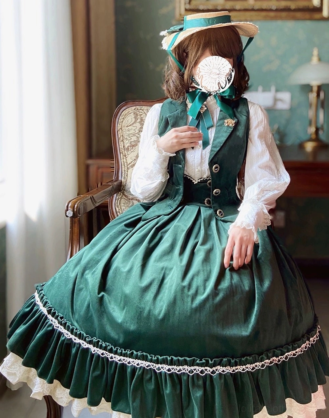 Retro lolita waistcoat with gemstone buttons and stand-collar inner blouse detail