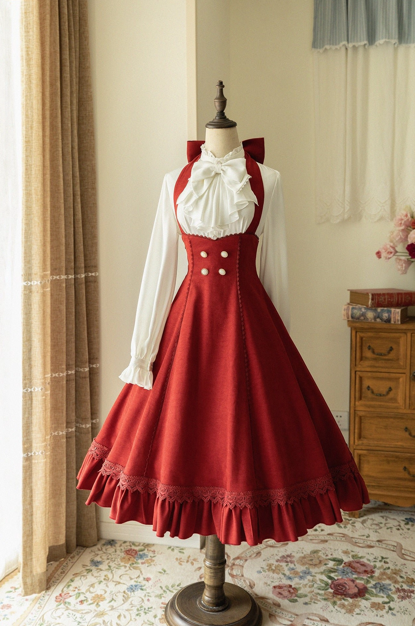 Retro red brushed fabric vintage halter JSK dress with soft velvety texture, full front view dress form display bold romantic lolita style color option