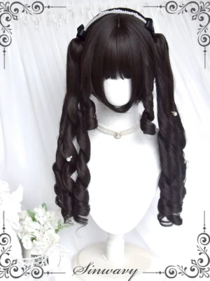 Retro roman curl double ponytail lolita wig natural black color full frontal mannequin display with pearl headband and spiral curls studio backdrop
