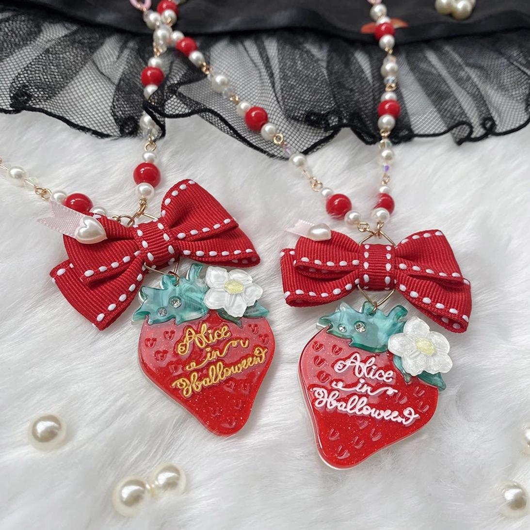Retro strawberry lolita necklace accessory vintage inspired pendant design flat lay