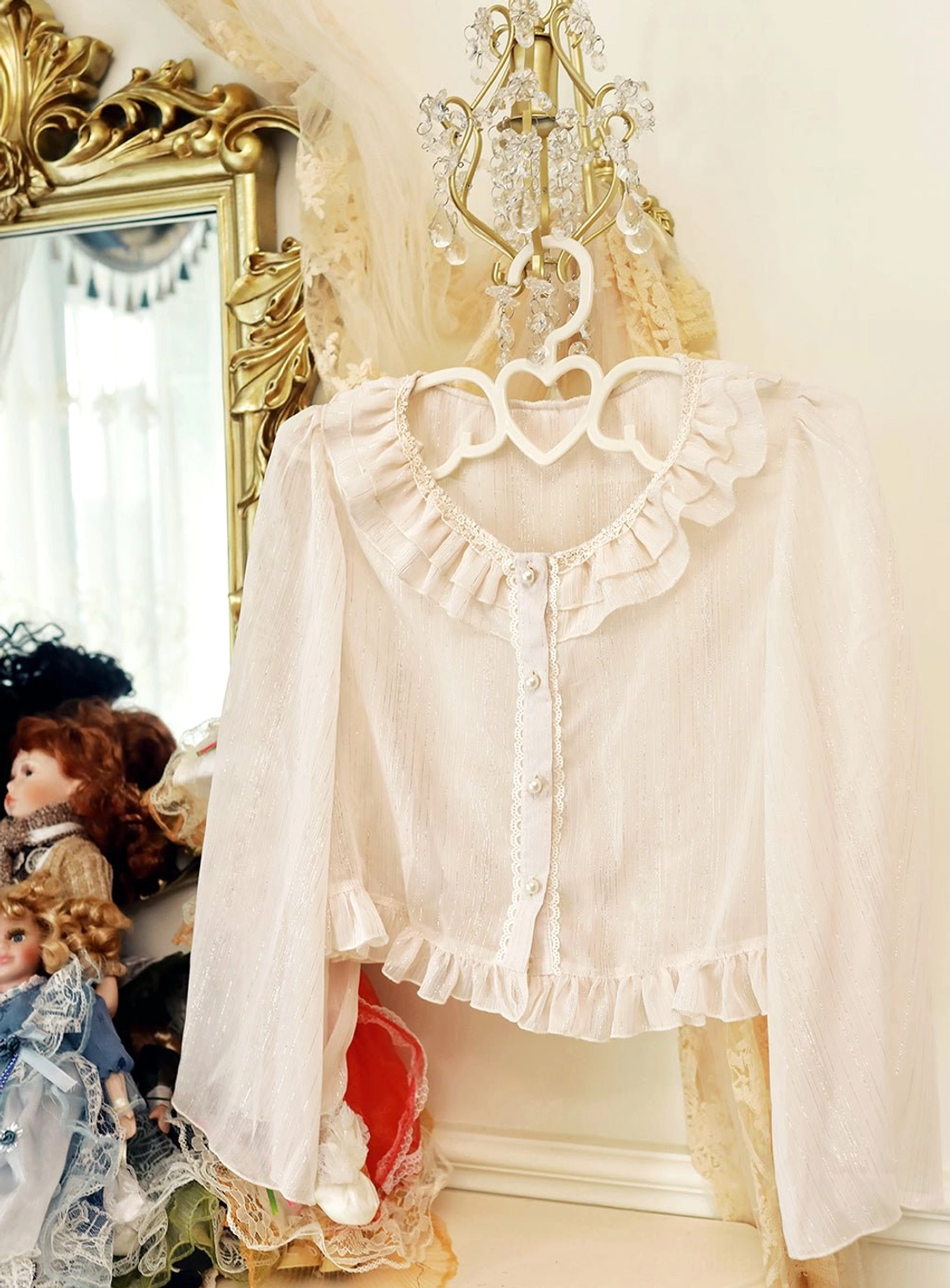Complete lolita coordinate featuring the Rhine riverside cardigan as layered overlay piece, styled with matching jumper skirt dress, demonstrating versatile coordination possibilities and dimensional ruffled silhouette
