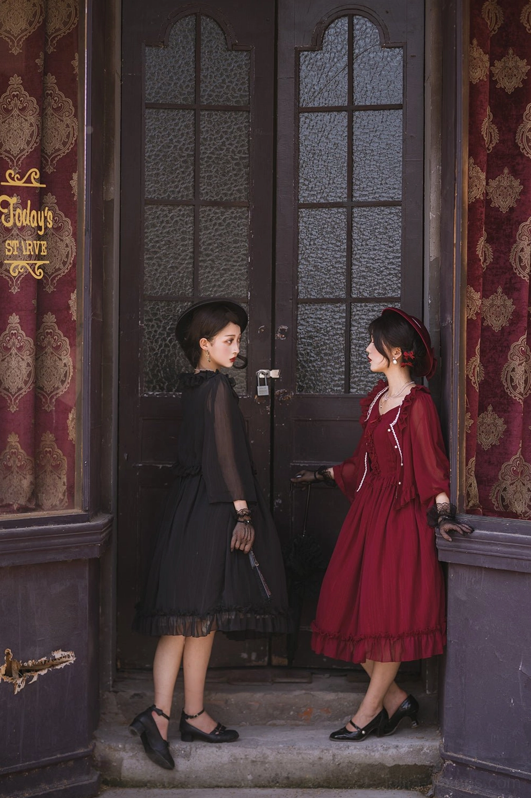 Rhine riverside lolita cardigan front view showing full ruffled silhouette, delicate waist trim, lace-up closure detail, and ethereal chiffon drape for romantic lolita aesthetic